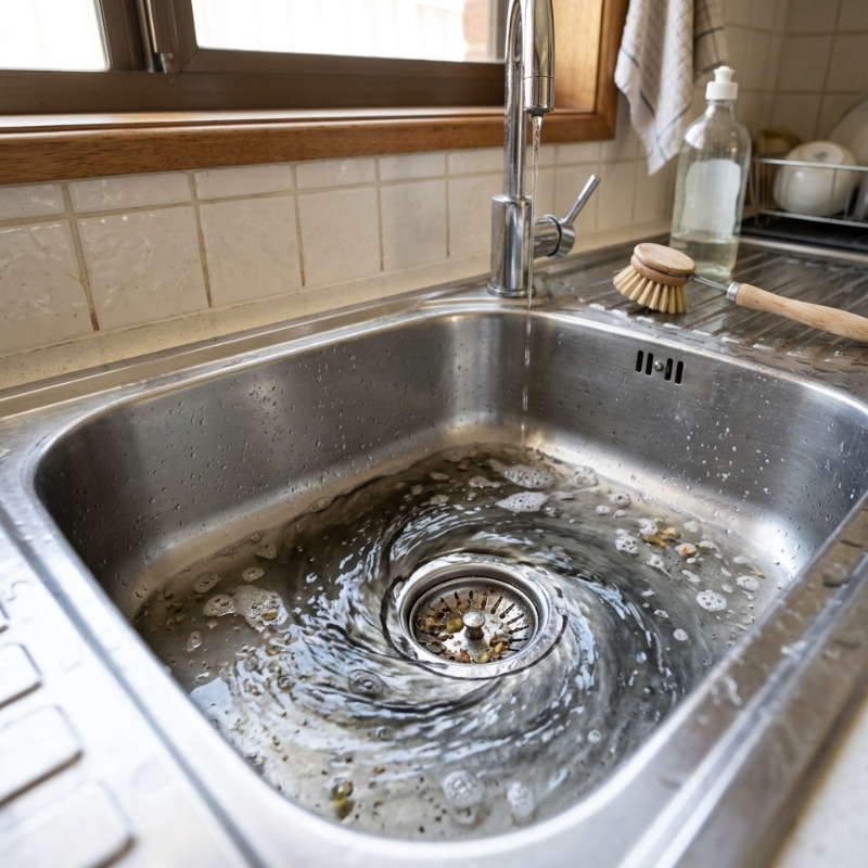 Kitchen sink draining slowly with visible water swirling above the plughole