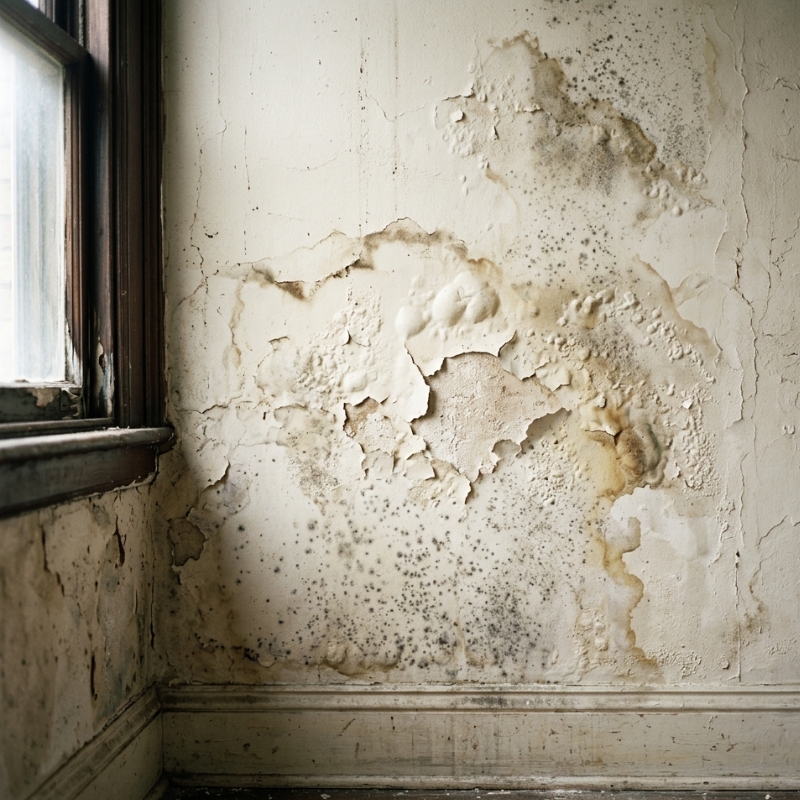 Faint mould and damp staining on interior wall caused by hidden water leak