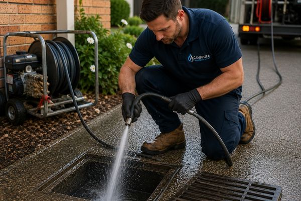 High-pressure water jetting clearing a blocked drain