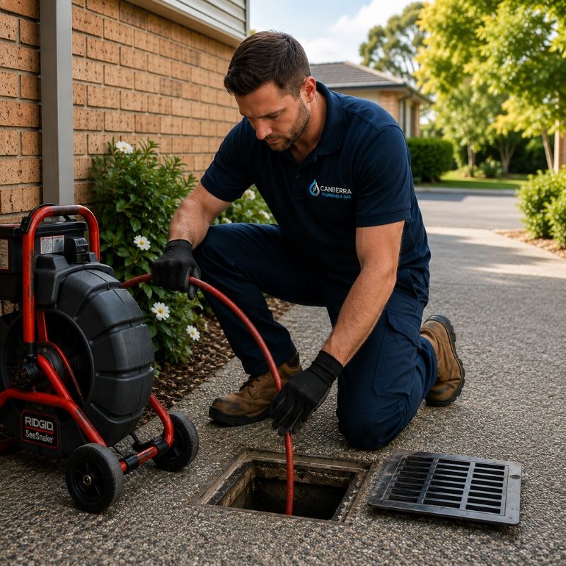 Plumber clearing blocked drains Canberra at a residential property