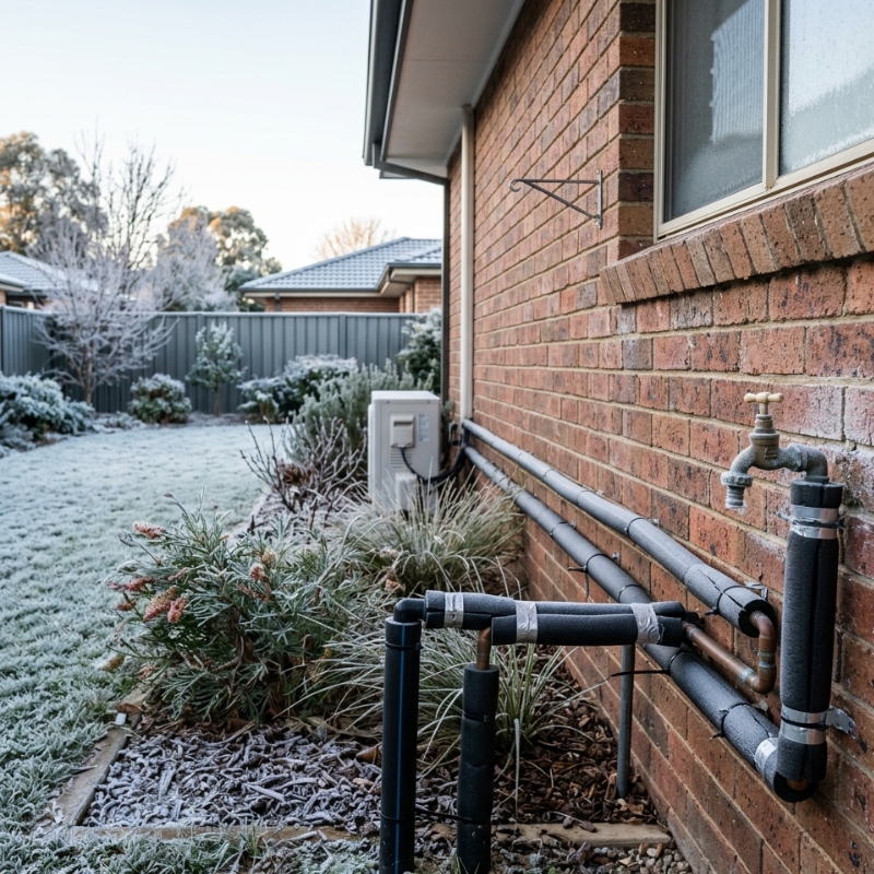 Insulated outdoor plumbing pipes beside a Canberra home during a frosty winter morning