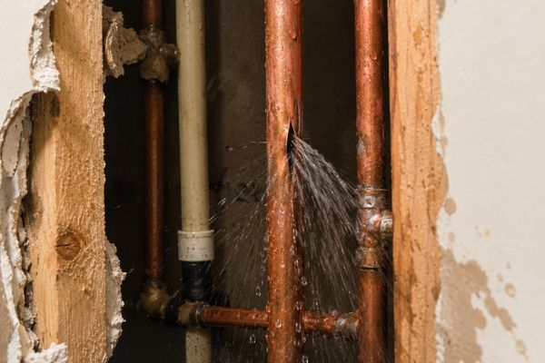 Burst water pipe exposed inside a wall during repair