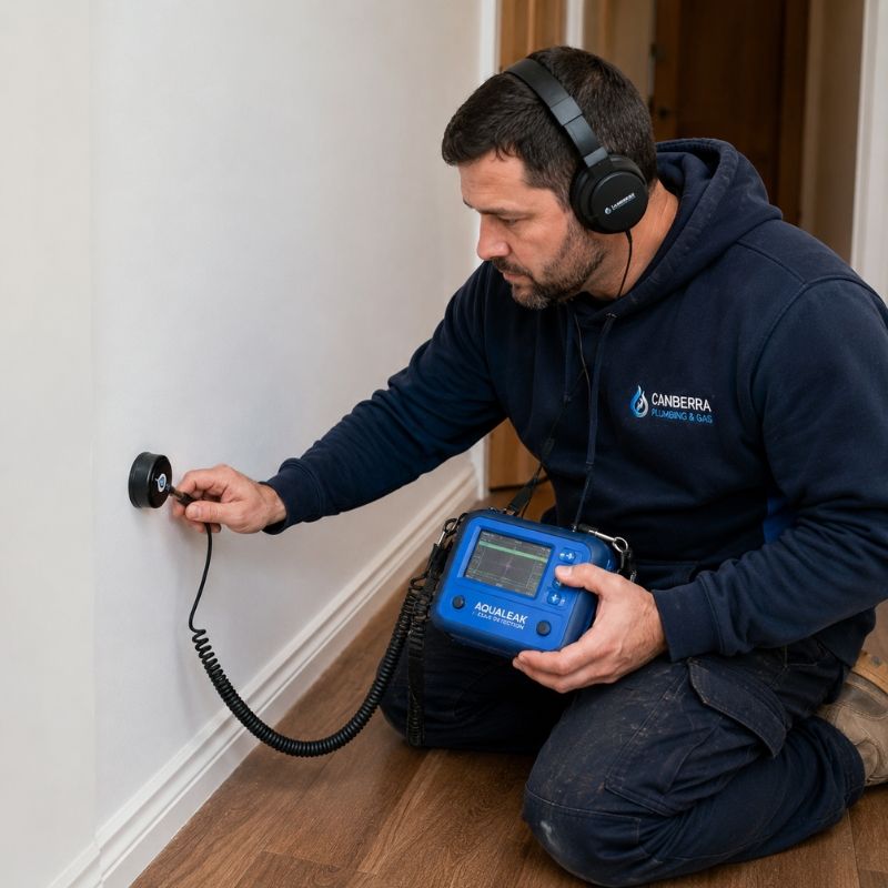 Plumber using leak detection equipment to find a hidden burst pipe