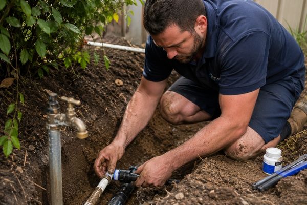Plumber repairing a burst outdoor pipe in a Canberra garden